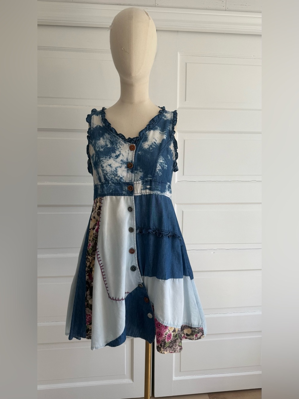 Boho Patchwork Denim Button-Front Sundress in Blue & White